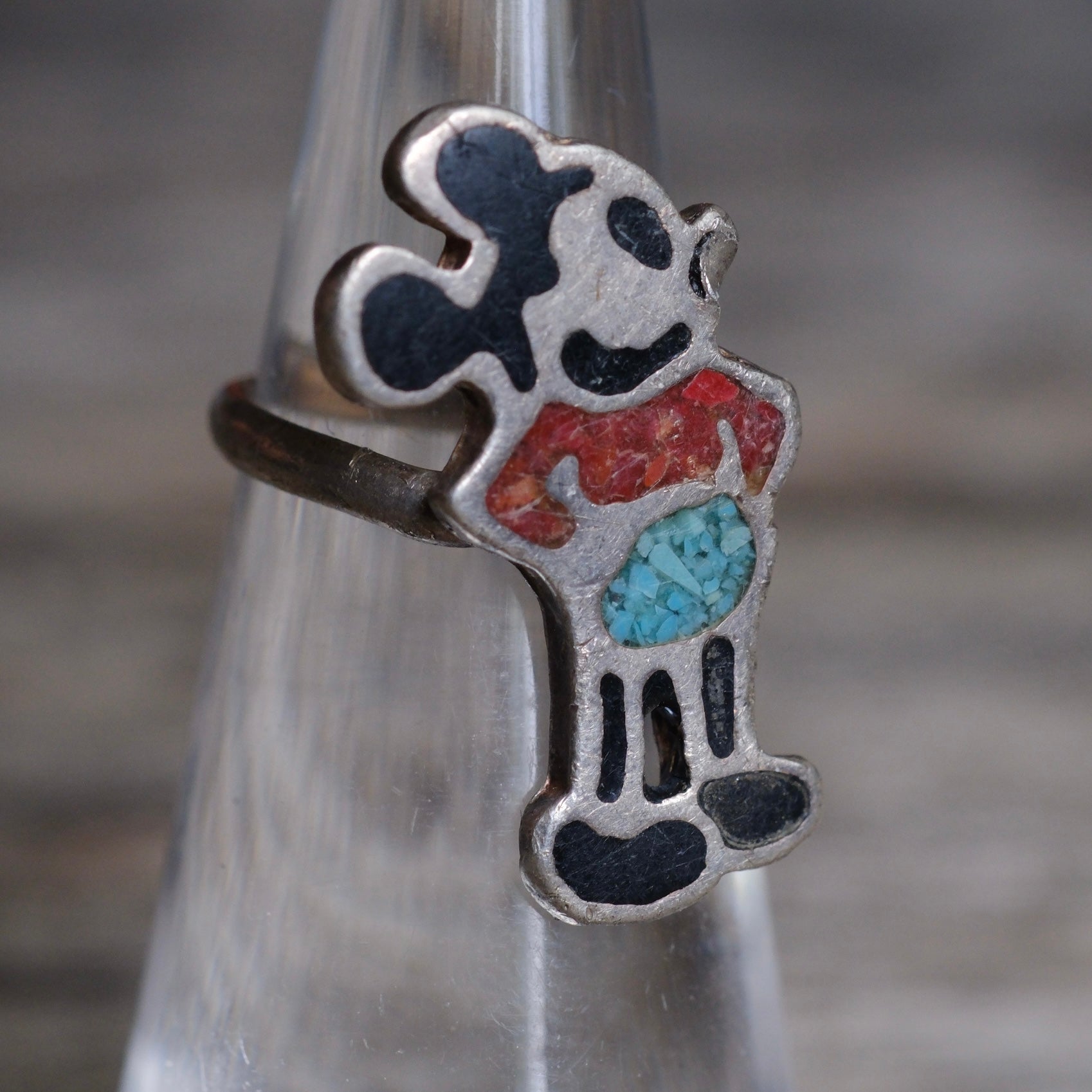 Vintage Sterling Multistone Inlay Mickey Ring 3.75
