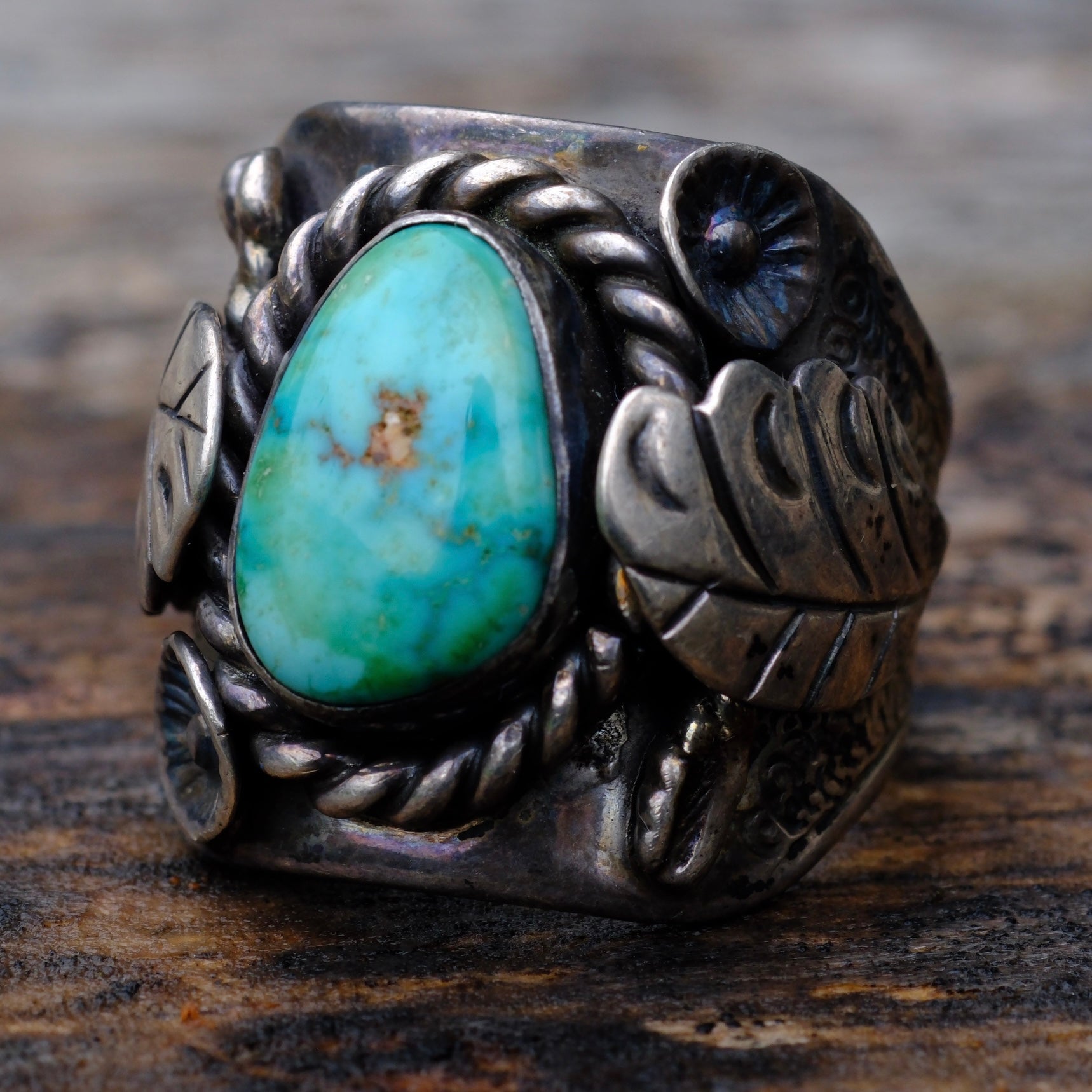 Vintage Sterling Turquoise Feather Ring 11.75