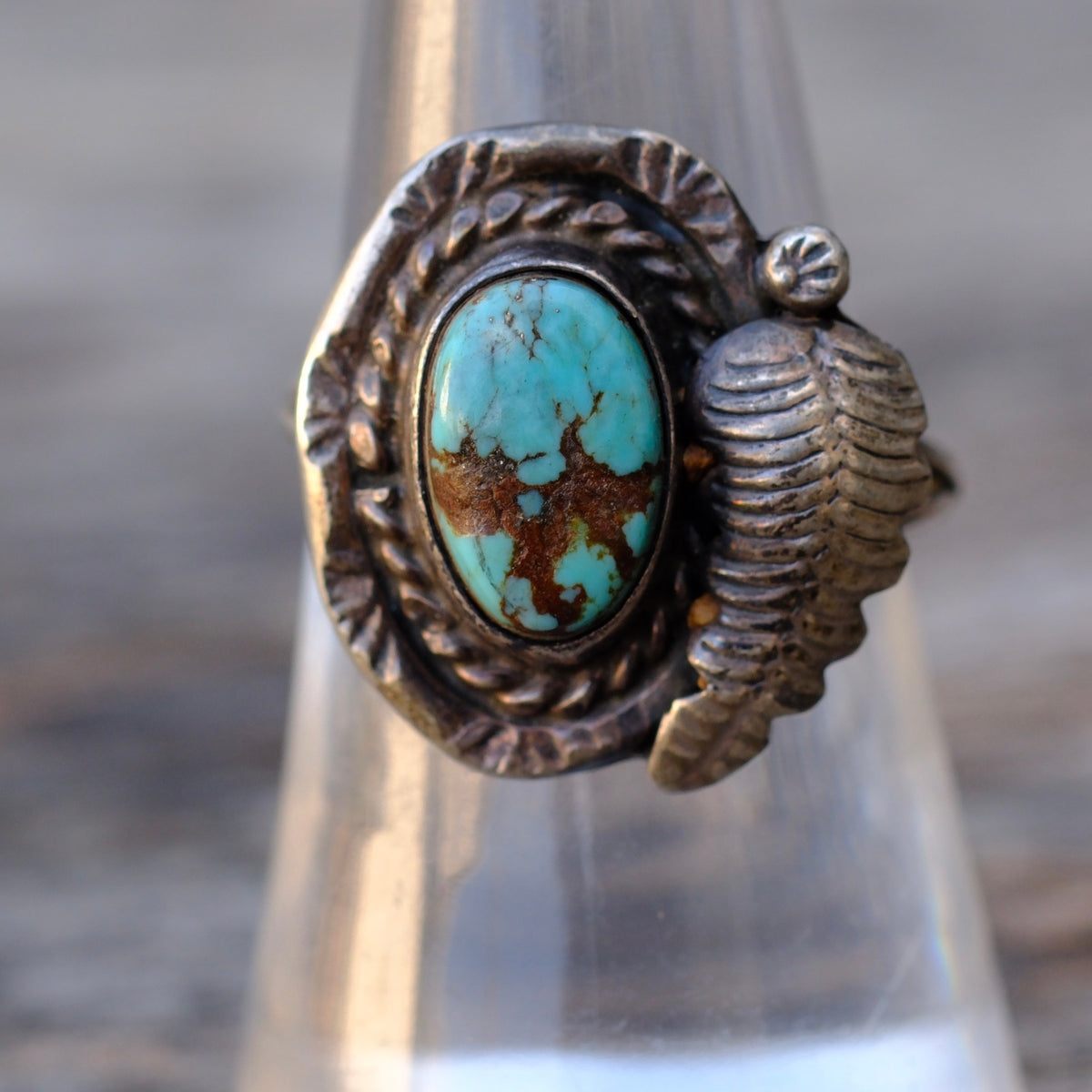 Vintage Sterling Turquoise Feather Ring 8