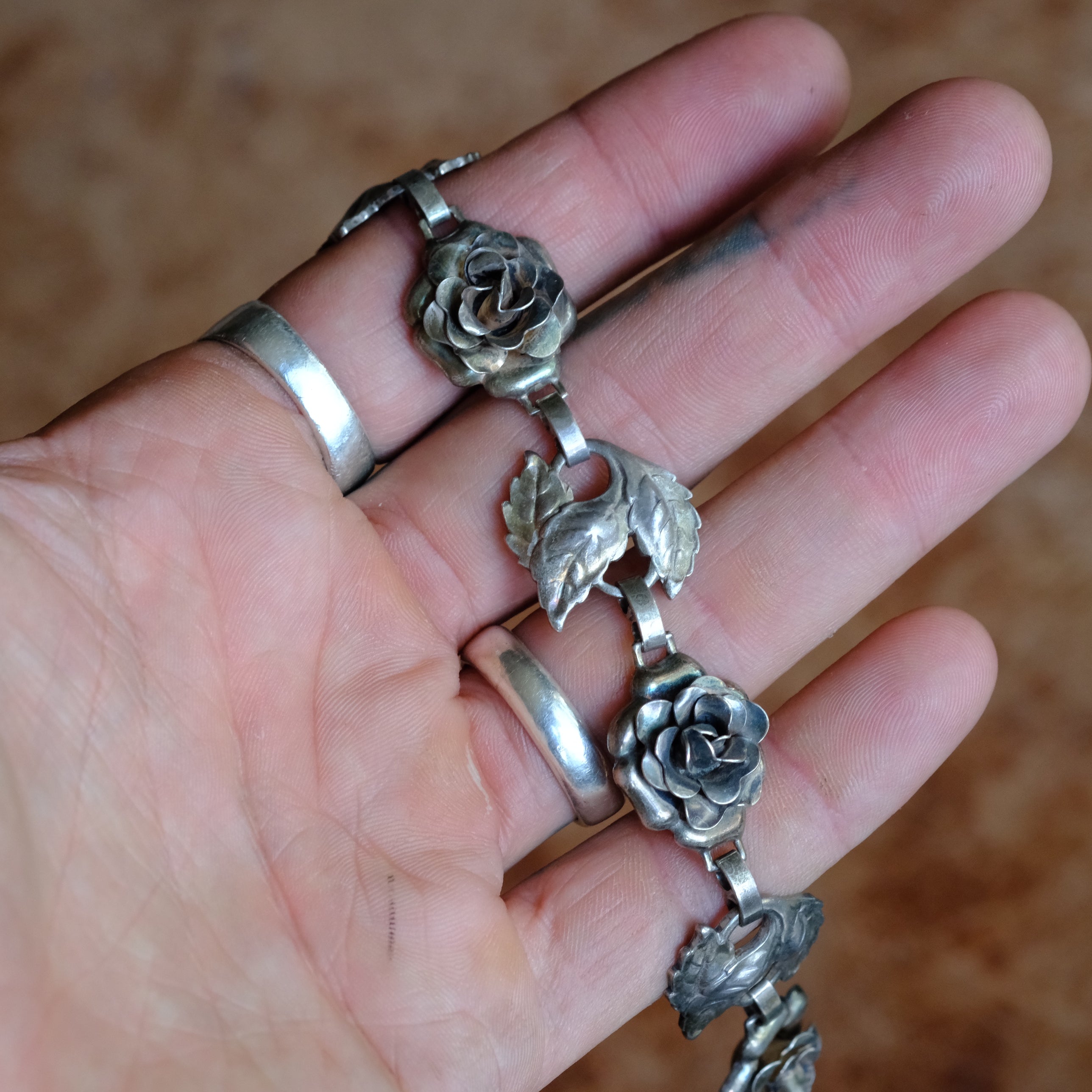 Vintage Sterling Silver Rose Link Bracelet
