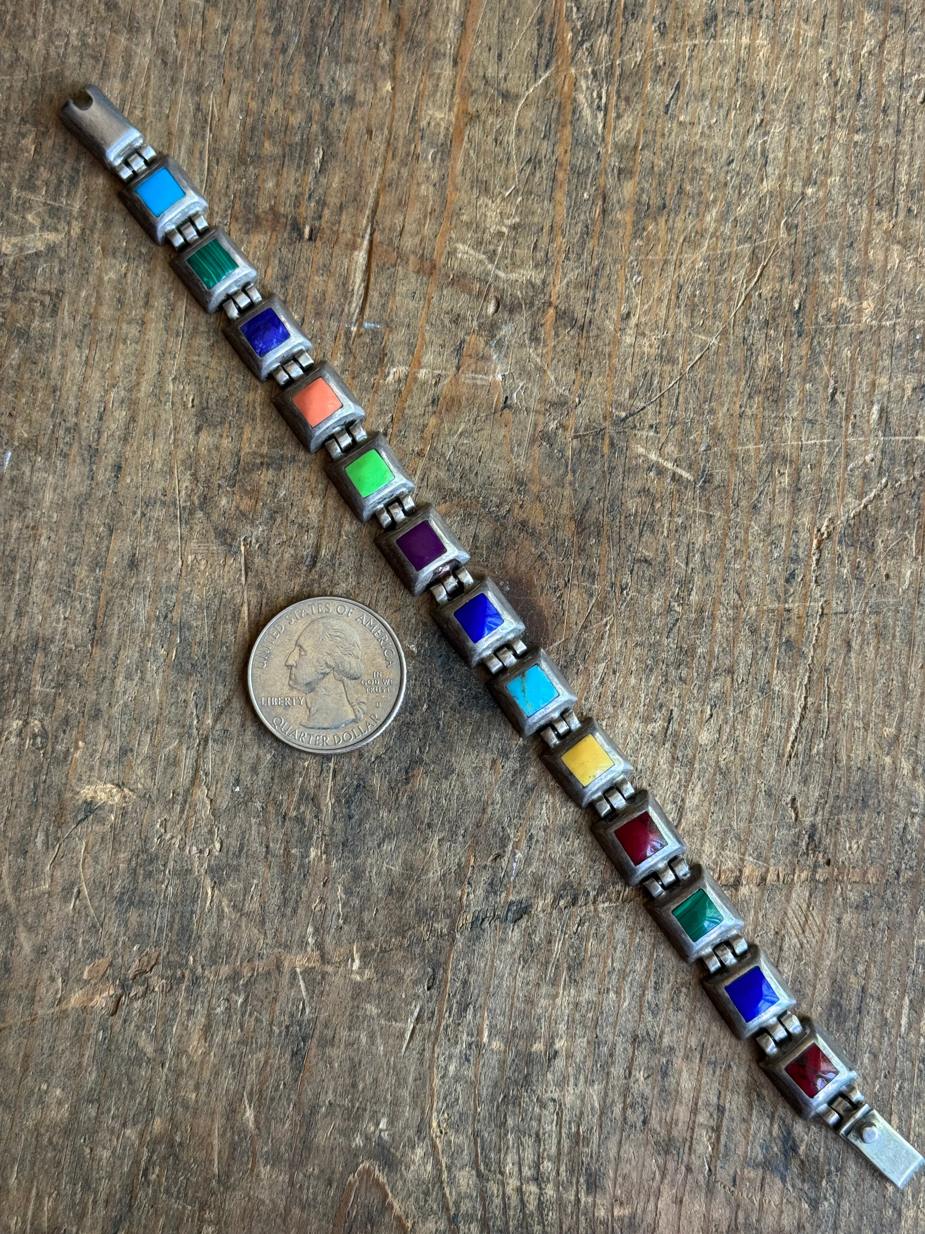 Vintage Sterling Silver Multistone Inlay Square Link Bracelet 8"