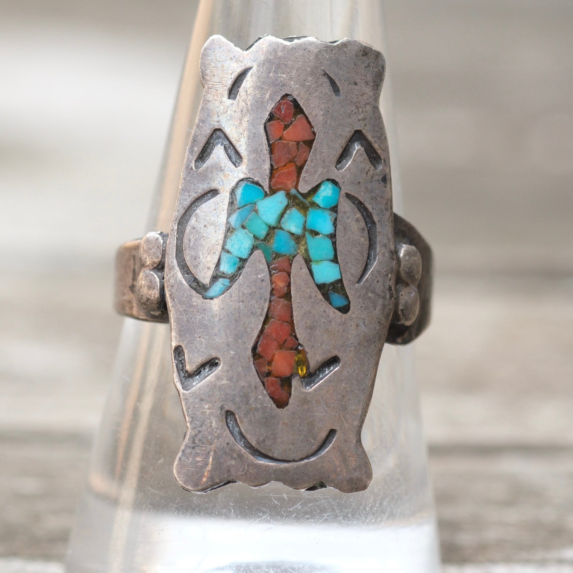 Vintage Sterling Turquoise and Coral Thunderbird Ring 8.75