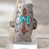 Vintage Sterling Turquoise and Coral Thunderbird Ring 8.75