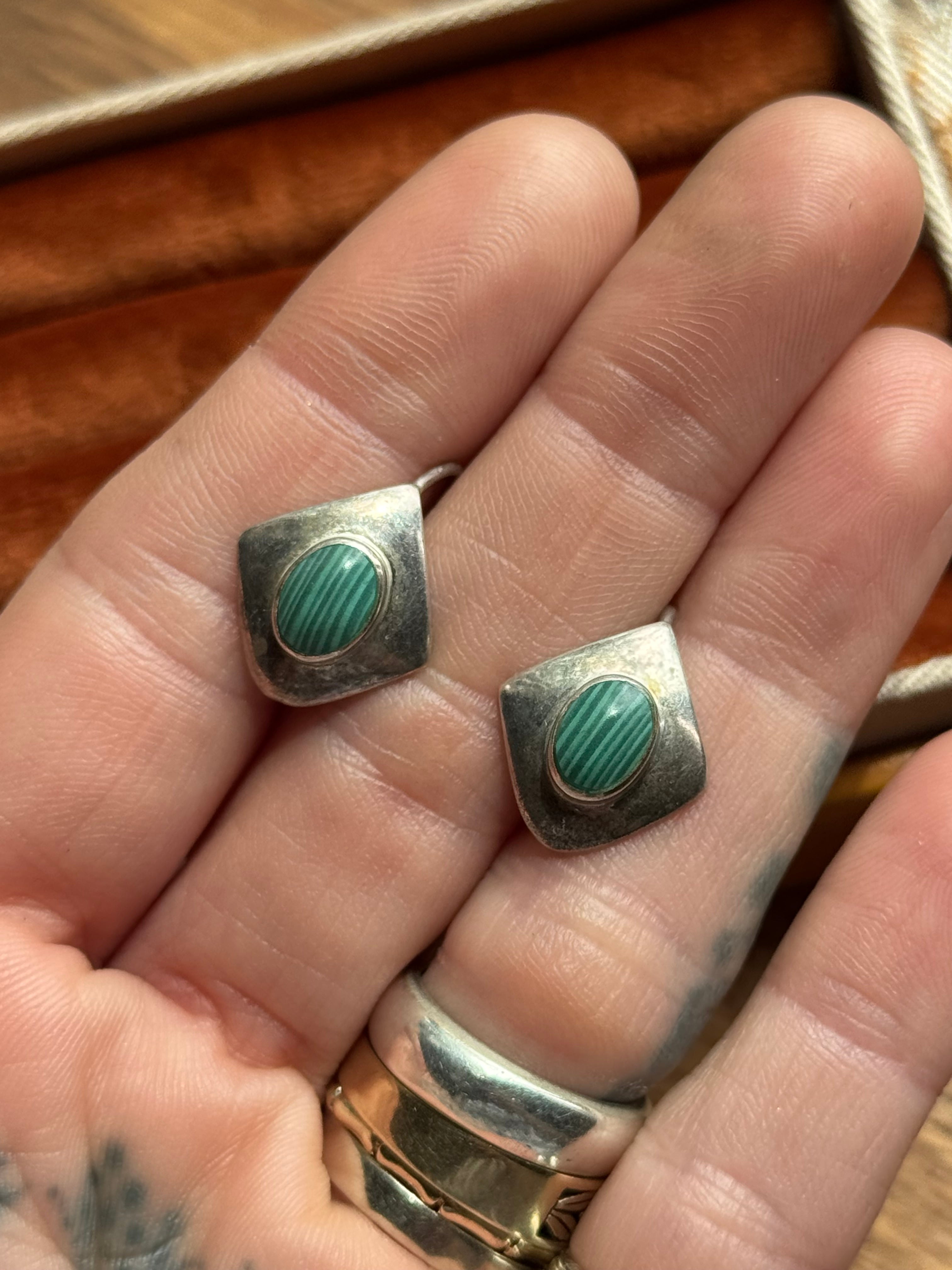 Vintage Sterling Silver Malachite Diamond Earrings
