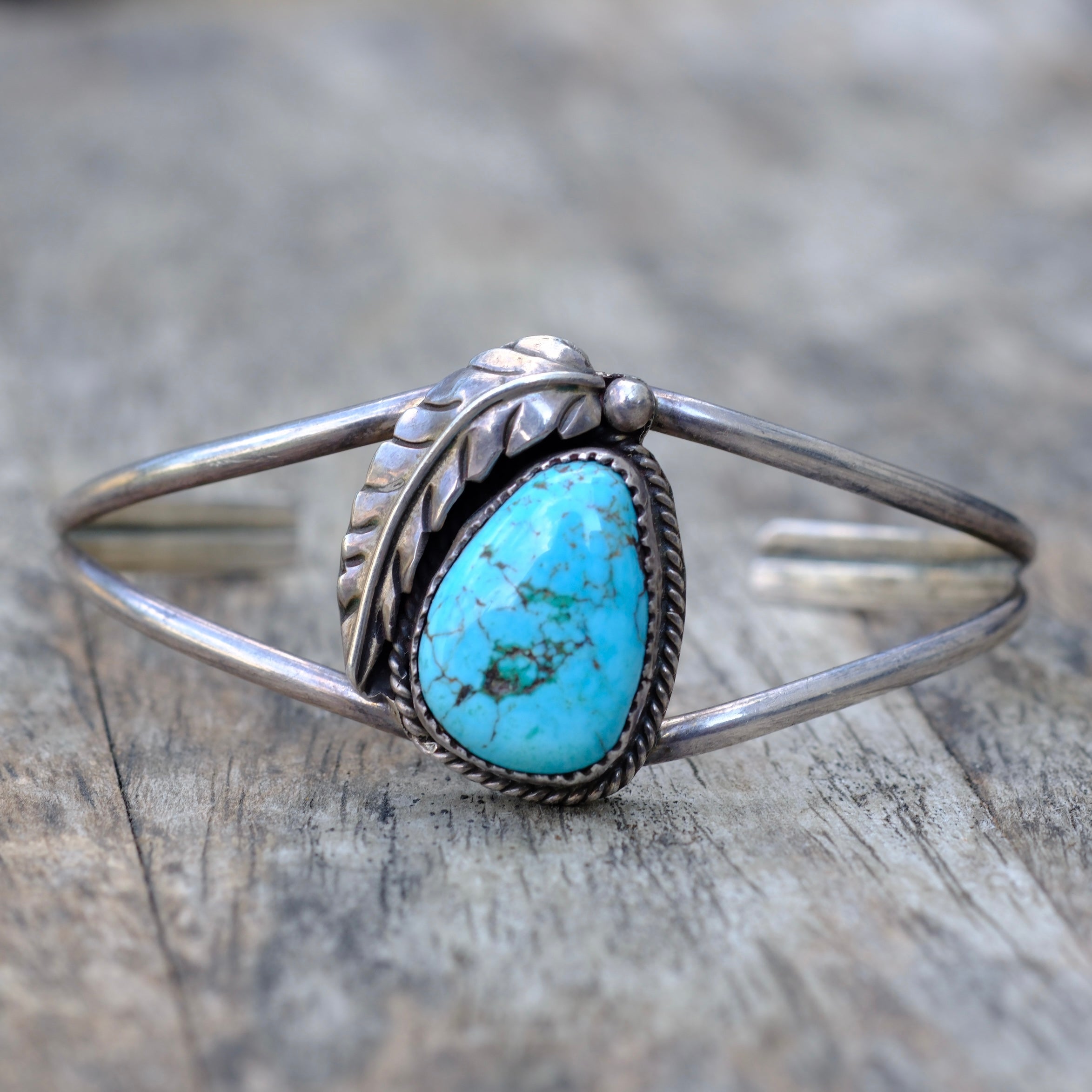 Vintage Sterling Turquoise Feather Cuff Bracelet