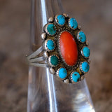 Vintage Sterling Turquoise and Coral Cluster Ring 5.75