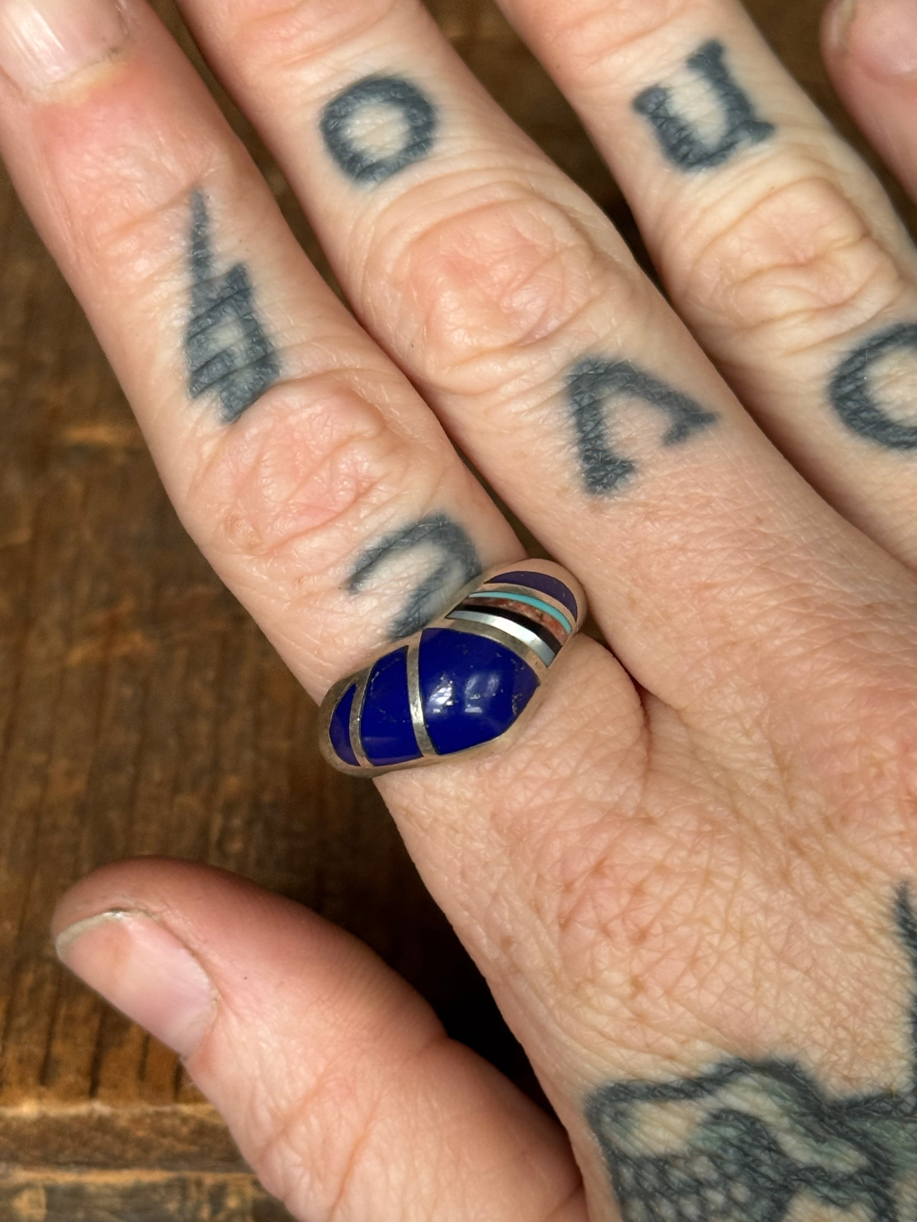 Vintage Sterling Silver Multistone Inlay Crescent Band Ring 7.75