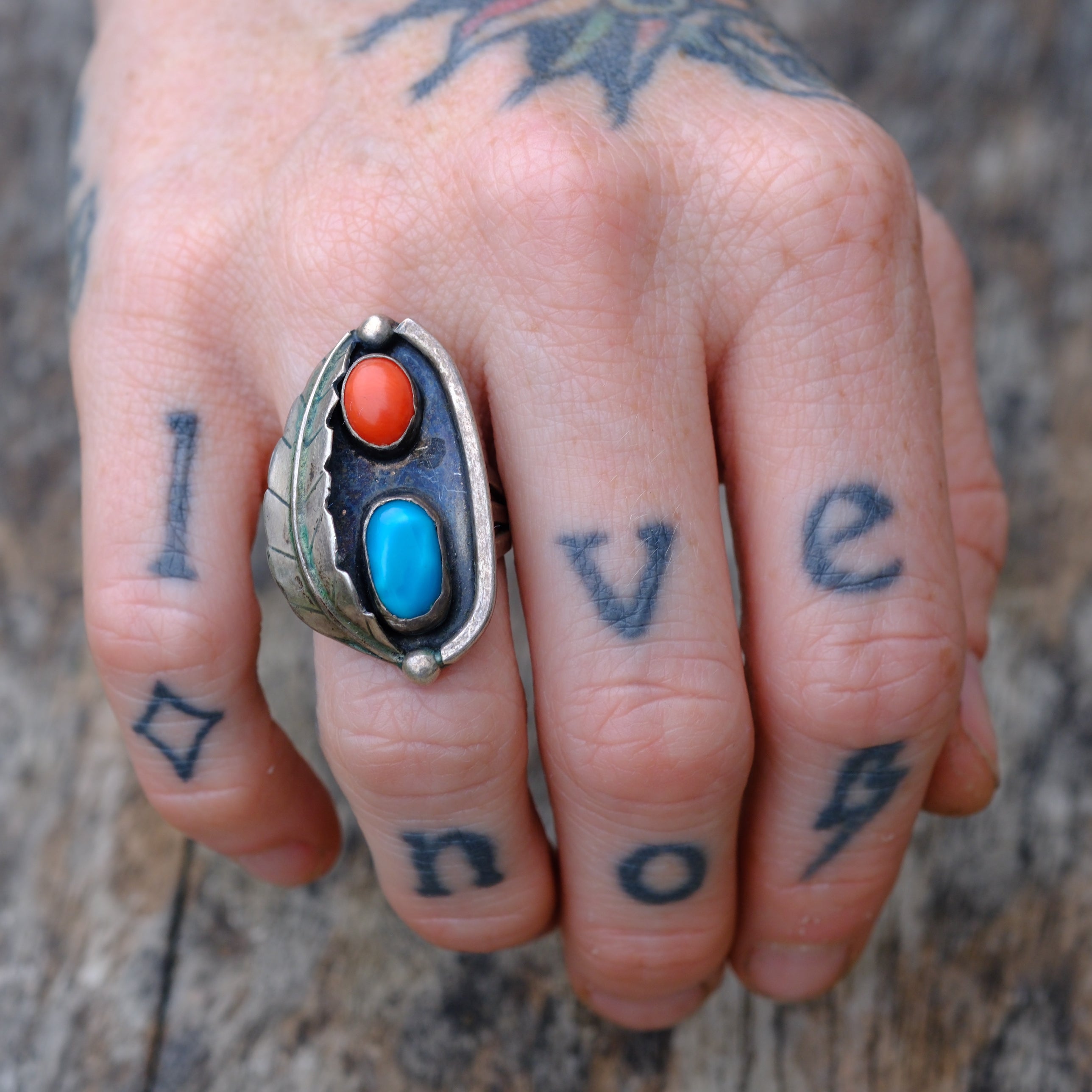 Vintage Sterling Turquoise and Coral Feather Ring 6.5