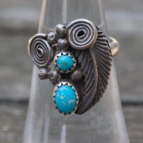 Vintage Sterling 2-Turquoise Feather Ring 6.25