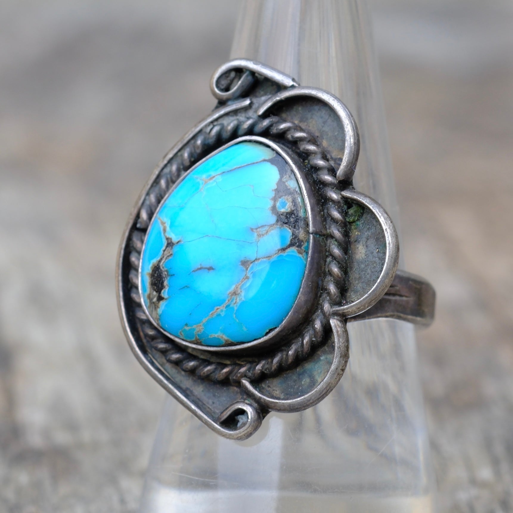 Vintage Sterling Turquoise Florette Ring 9