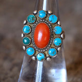 Vintage Sterling Turquoise and Coral Cluster Ring 5.75