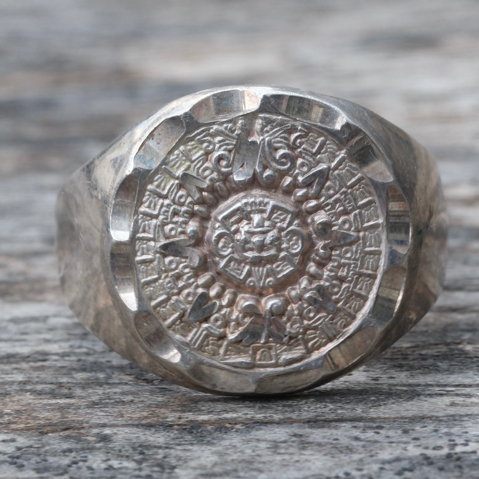 Vintage Sterling Aztec Calendar Ring 10.75