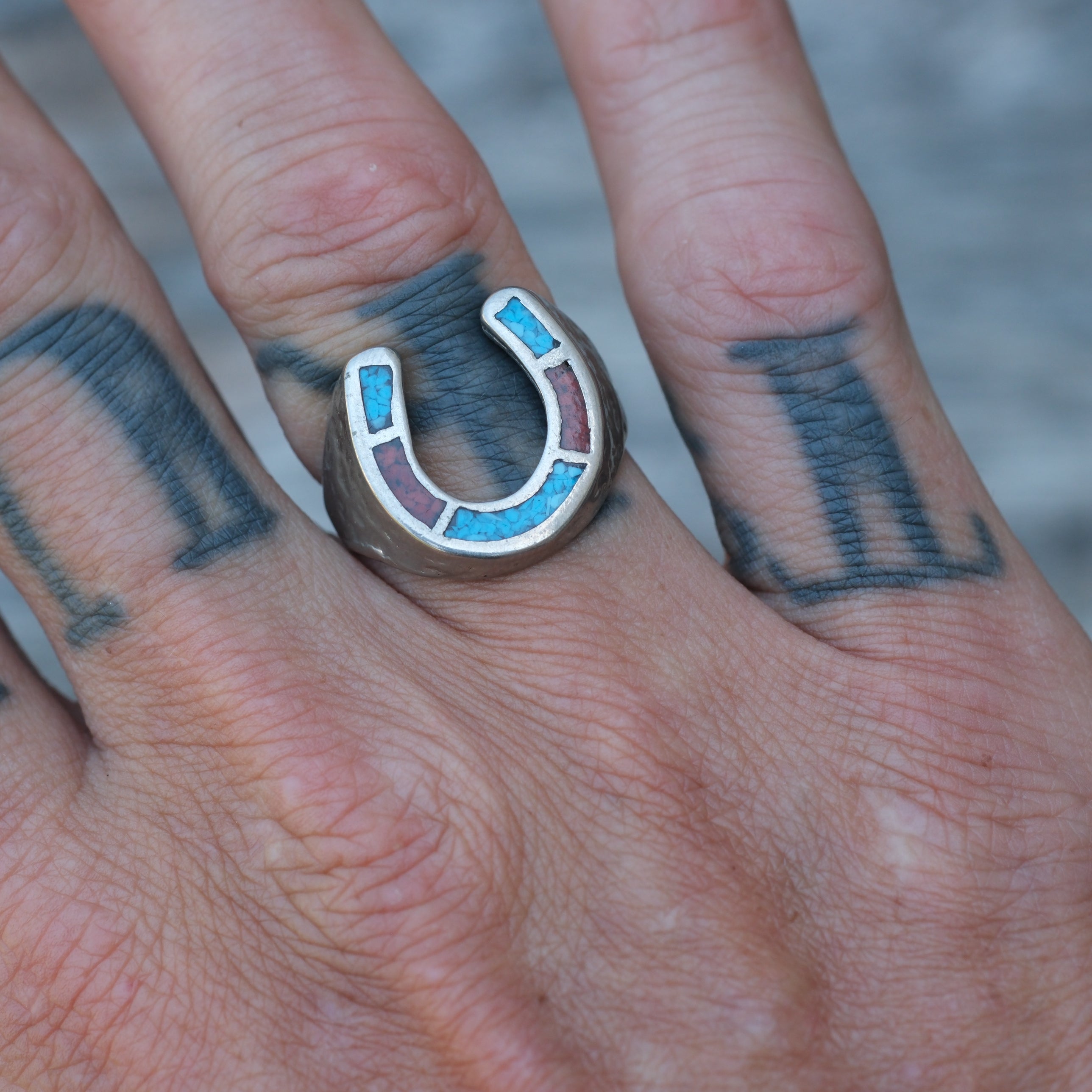 Vintage Sterling Silver Plated Turquoise and Coral Inlay Lucky Horseshoe Ring 8.5