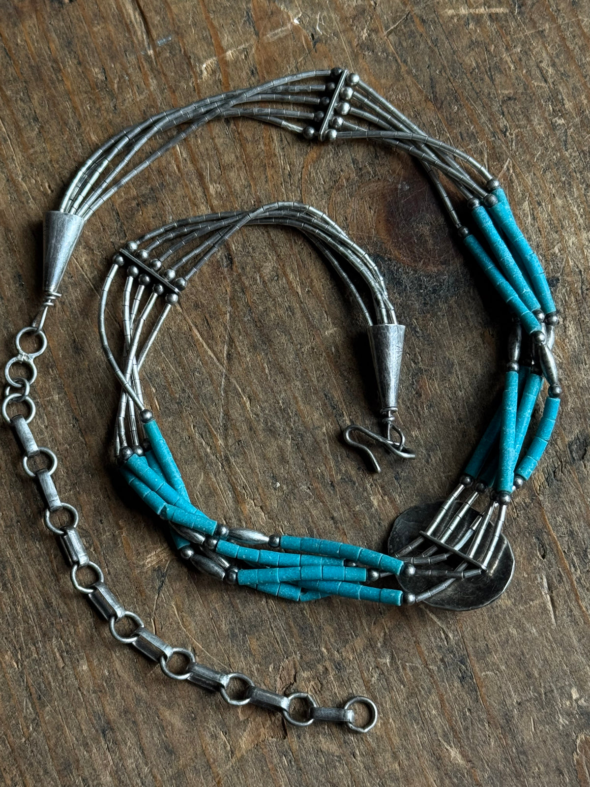 Vintage Sterling Silver Turquoise & Liquid Silver Beaded Concho Choker Necklace