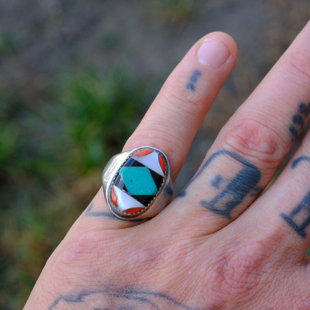 Vintage Sterling Multi Stone Inlay Ring 7