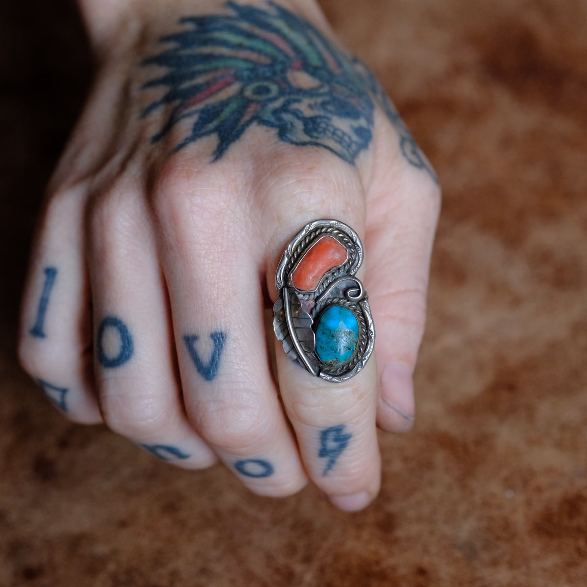Vintage Sterling Turquoise and Coral Feather Ring 6.5