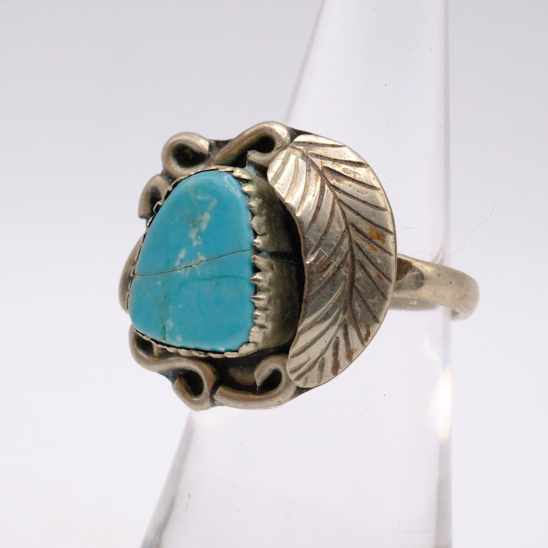 Vintage Sterling Turquoise Feather Ring 5.5