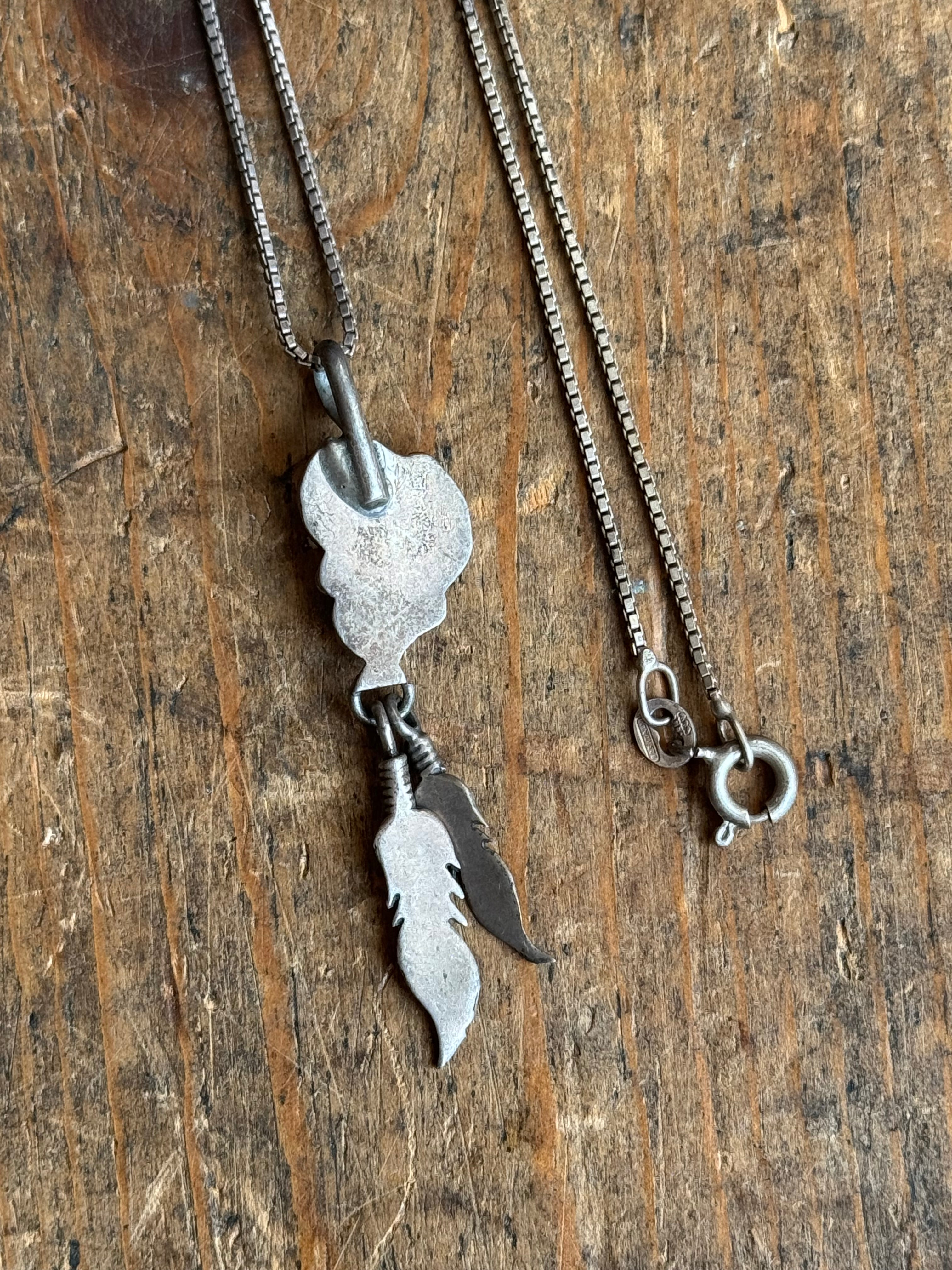 Vintage Sterling Silver Turquoise & Coral Feather 20" Necklace