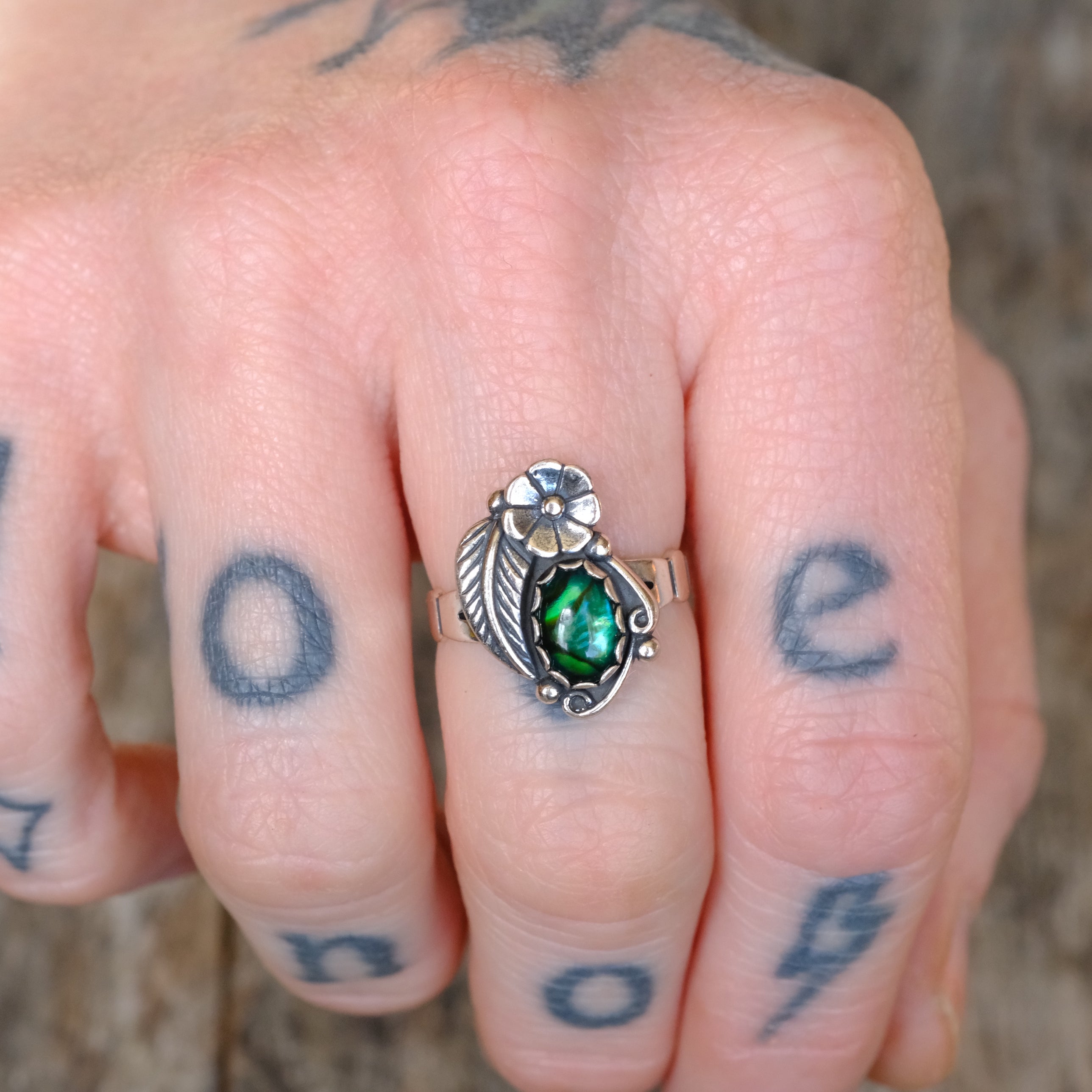Vintage Sterling Blue Abalone Feather Blossom Ring 6.75