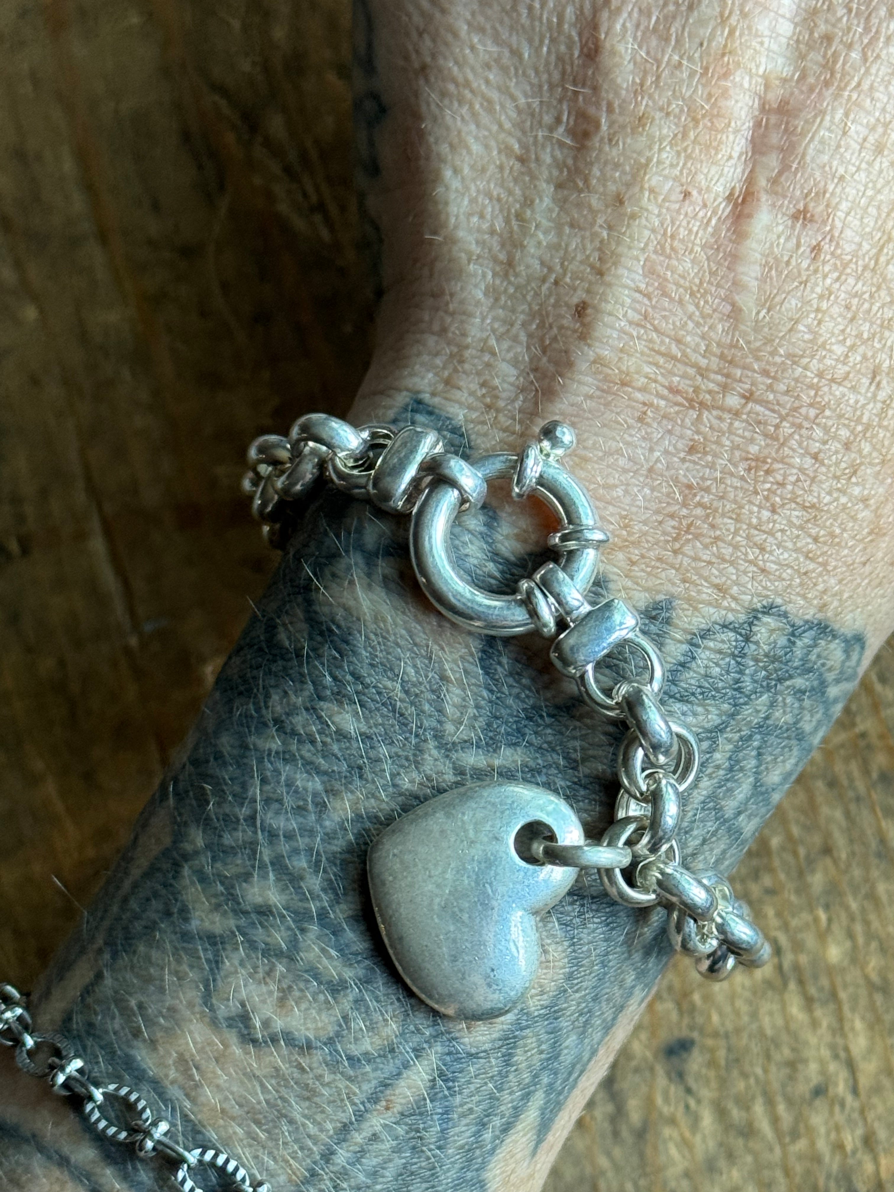Vintage Sterling Silver Chunky Rolo Heart Charm Bracelet 7.5"