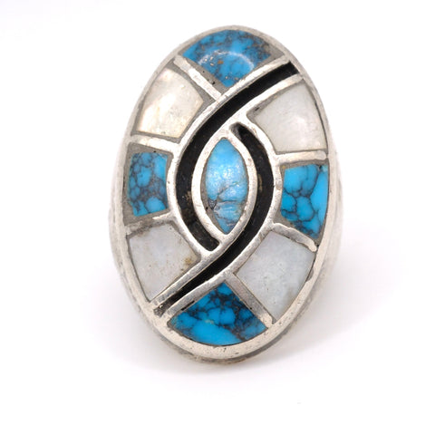 Vintage Sterling Turquoise and Mother Of Pearl Inlay Ring 7.75