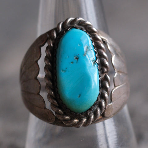 Vintage Sterling Turquoise Ribbed Band Ring 9.75