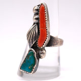 Vintage Sterling Turquoise and Coral Feather Ring 8.75