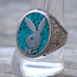 Vintage White Bronze Playboy Bunny Turquoise Ring 10.5