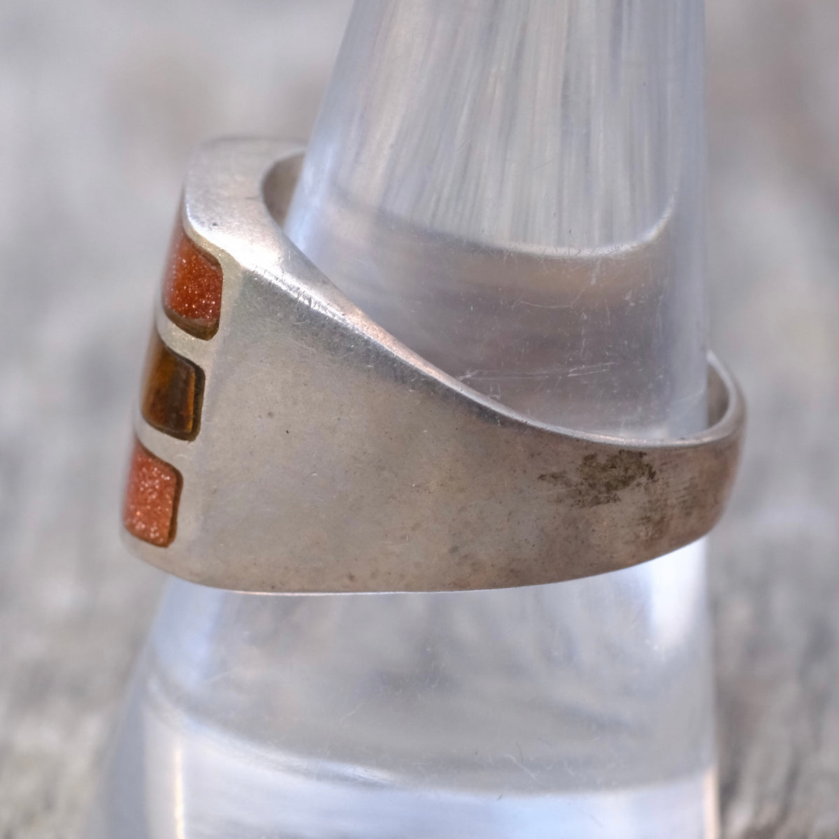 Vintage Sterling Tigers Eye and Goldstone Inlay Ring 9.75