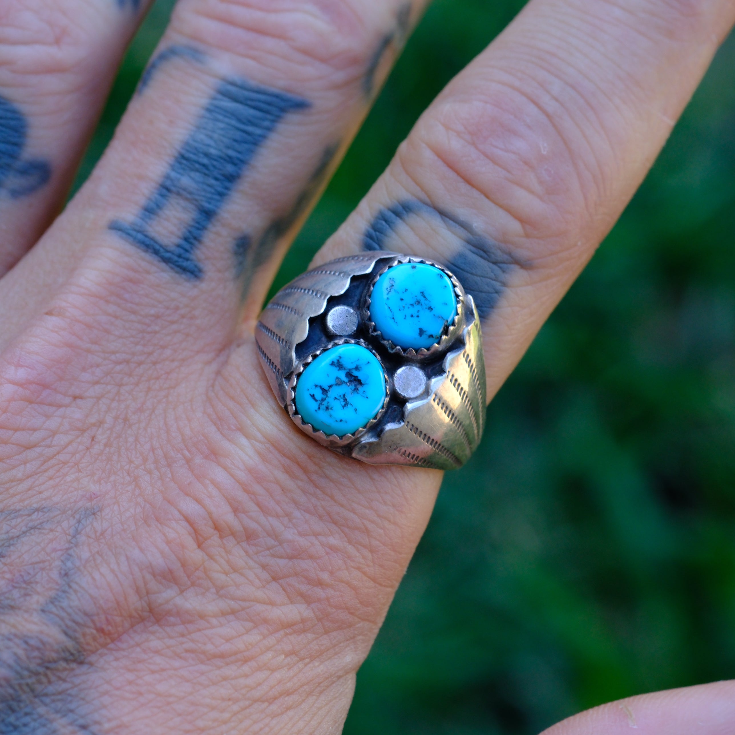 Vintage Sterling 2-Stone Turquoise Ring 10.75
