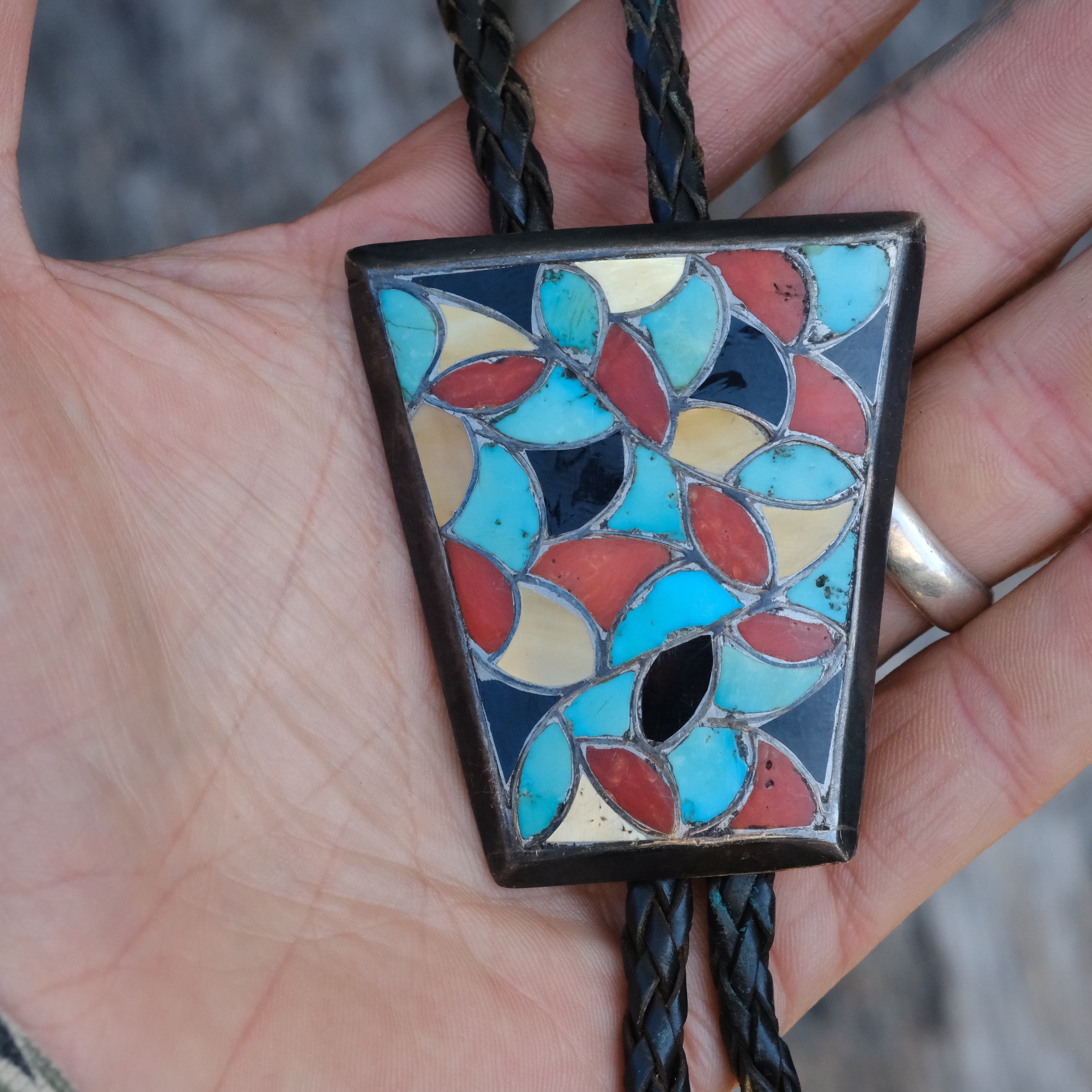 Vintage Sterling Zuni Inlay Bolo Tie