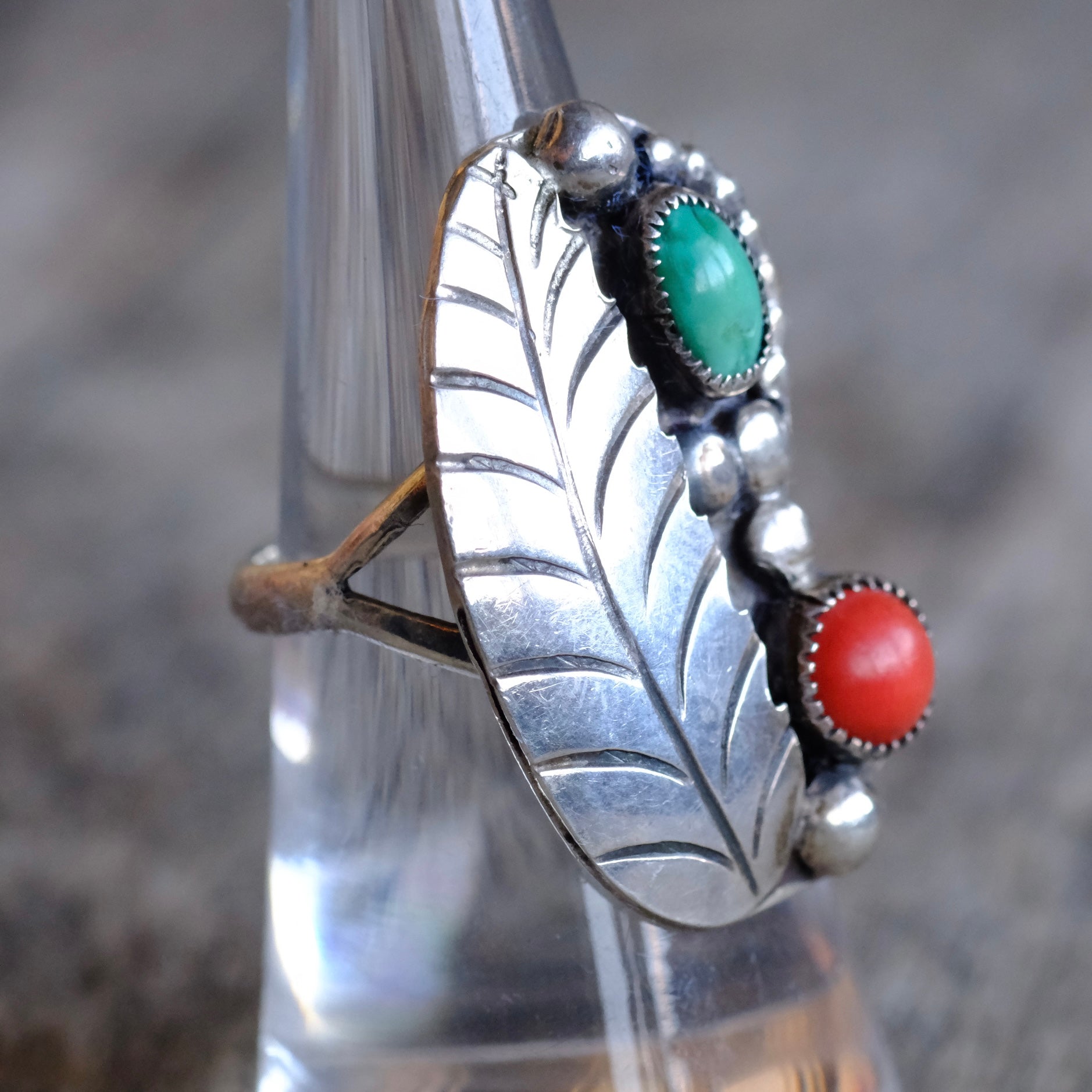 Vintage Sterling Turquoise and Coral Feather Ring 7