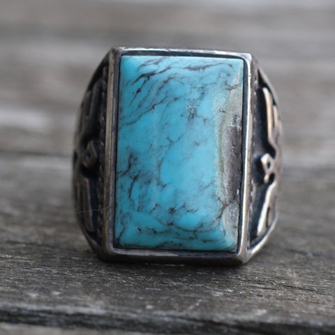 Vintage Sterling Turquoise Thunderbird Ring 7.5