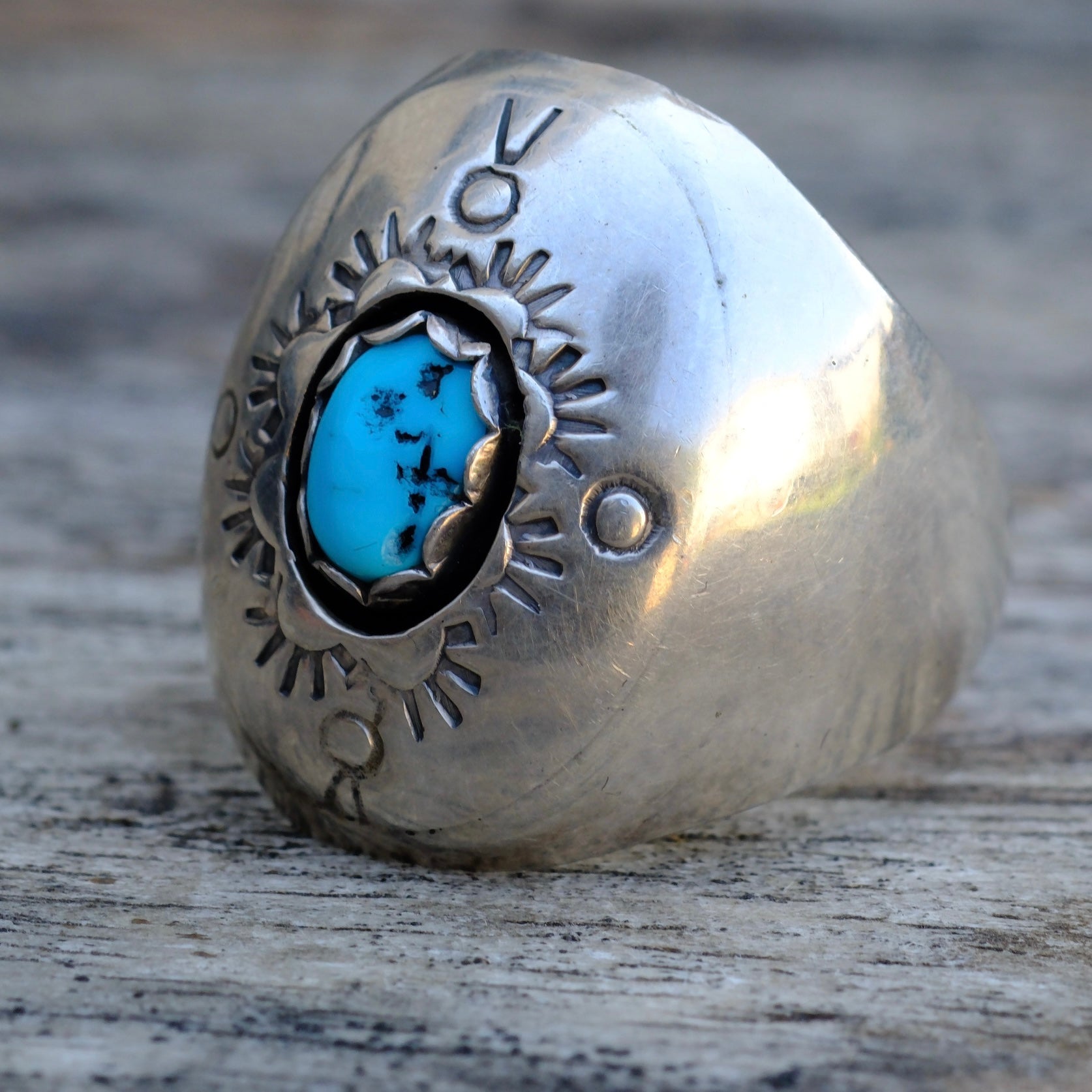Vintage Sterling Turquoise Stamped Shadowbox Ring 9