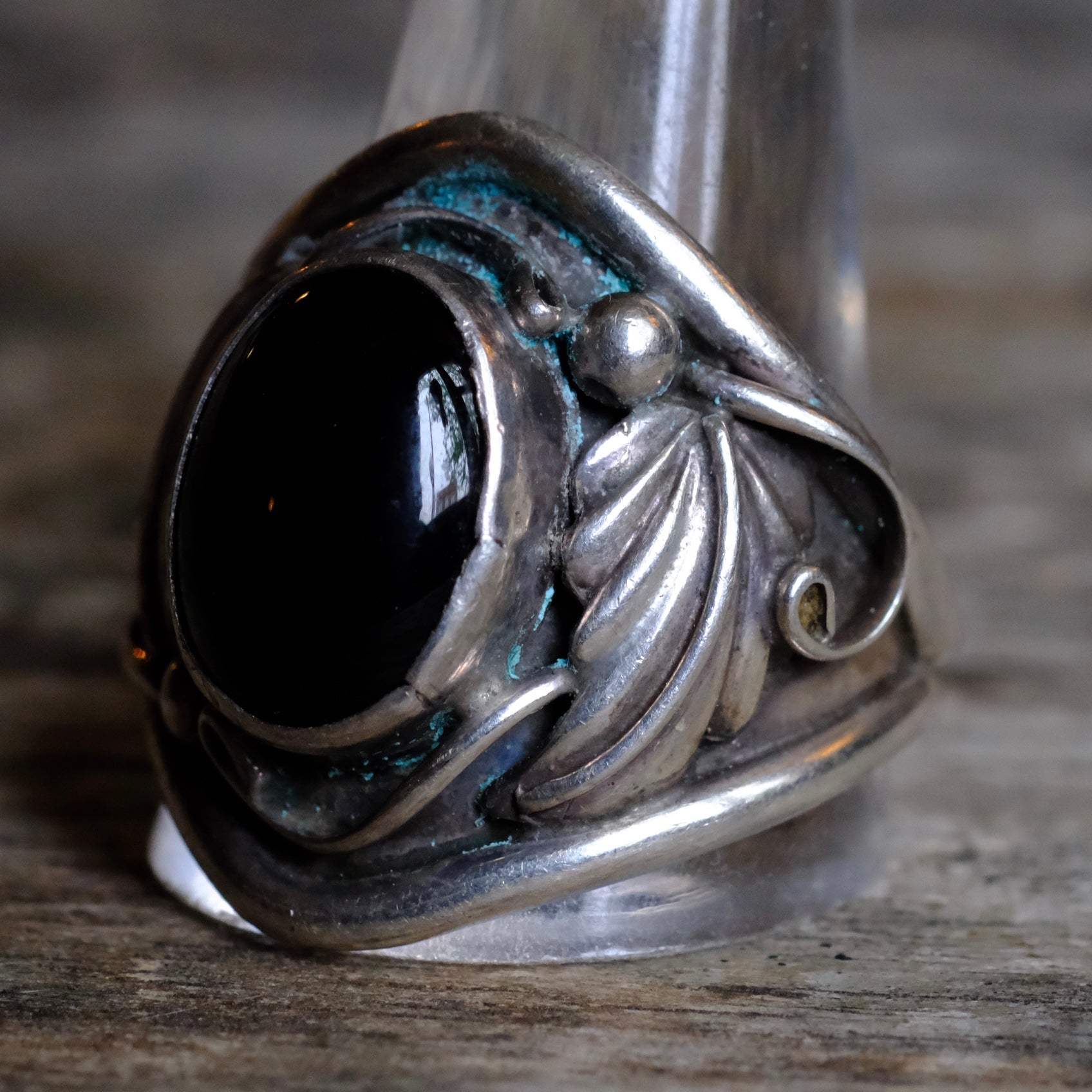 Vintage Sterling Onyx Feather Ring 14.5
