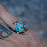 Vintage Sterling Turquoise Inlay Flower Ring 4.25