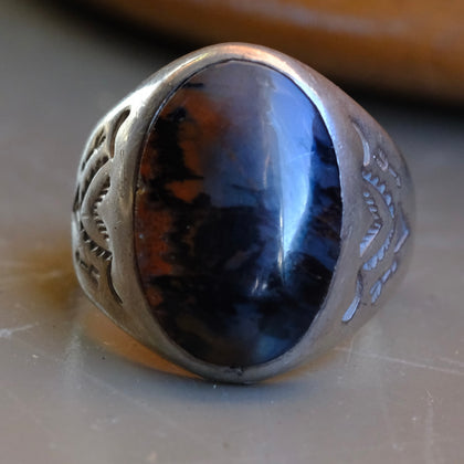 Vintage Sterling Petrified Wood Stamped Ring 10.25