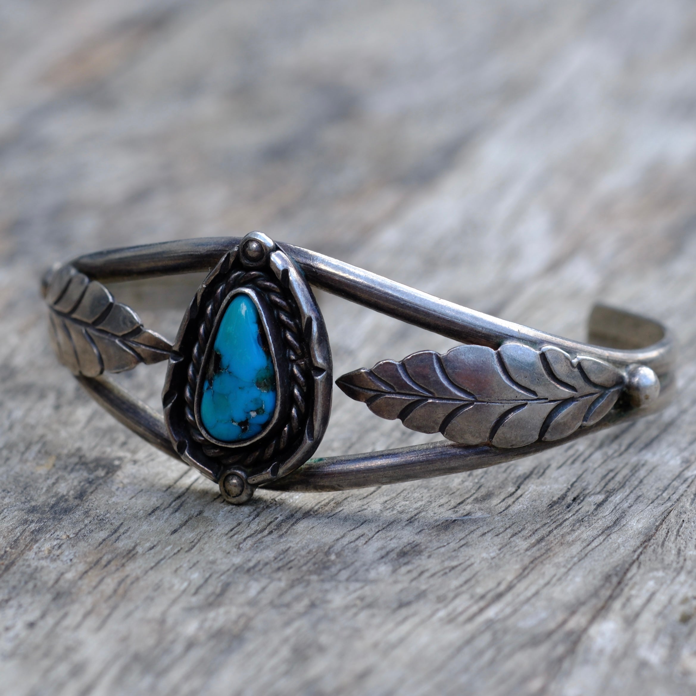 Vintage Sterling Turquoise Feather Cuff Bracelet