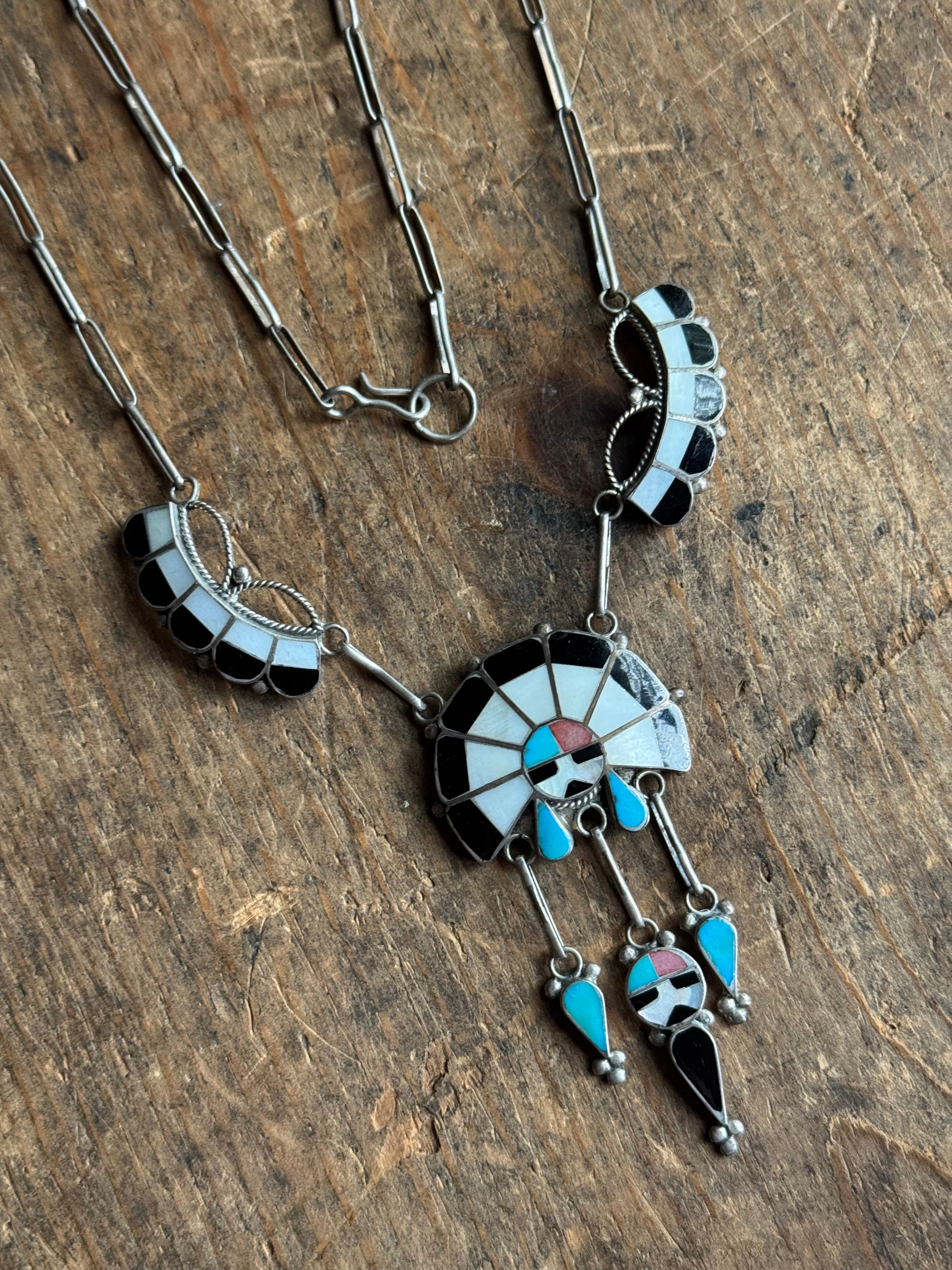 Vintage Sterling Silver Navajo Turquoise Sawcut Feather Necklace