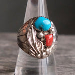 Vintage Sterling Turquoise and Coral Ring 9.25