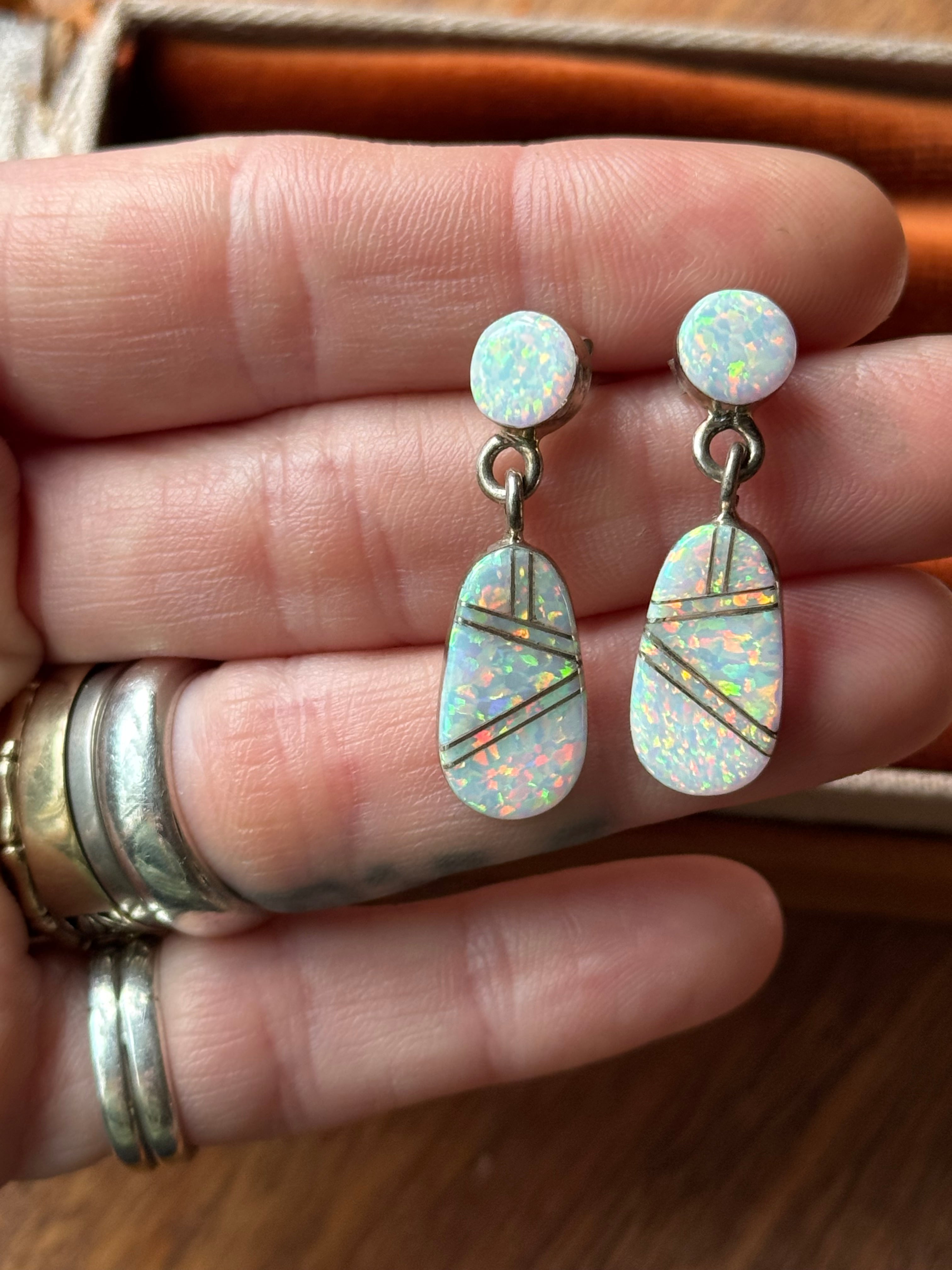 Vintage Sterling Silver Opalite Inlay Earrings