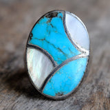 Vintage Sterling Turquoise and Mother of Pearl Inlay Ring 8.5