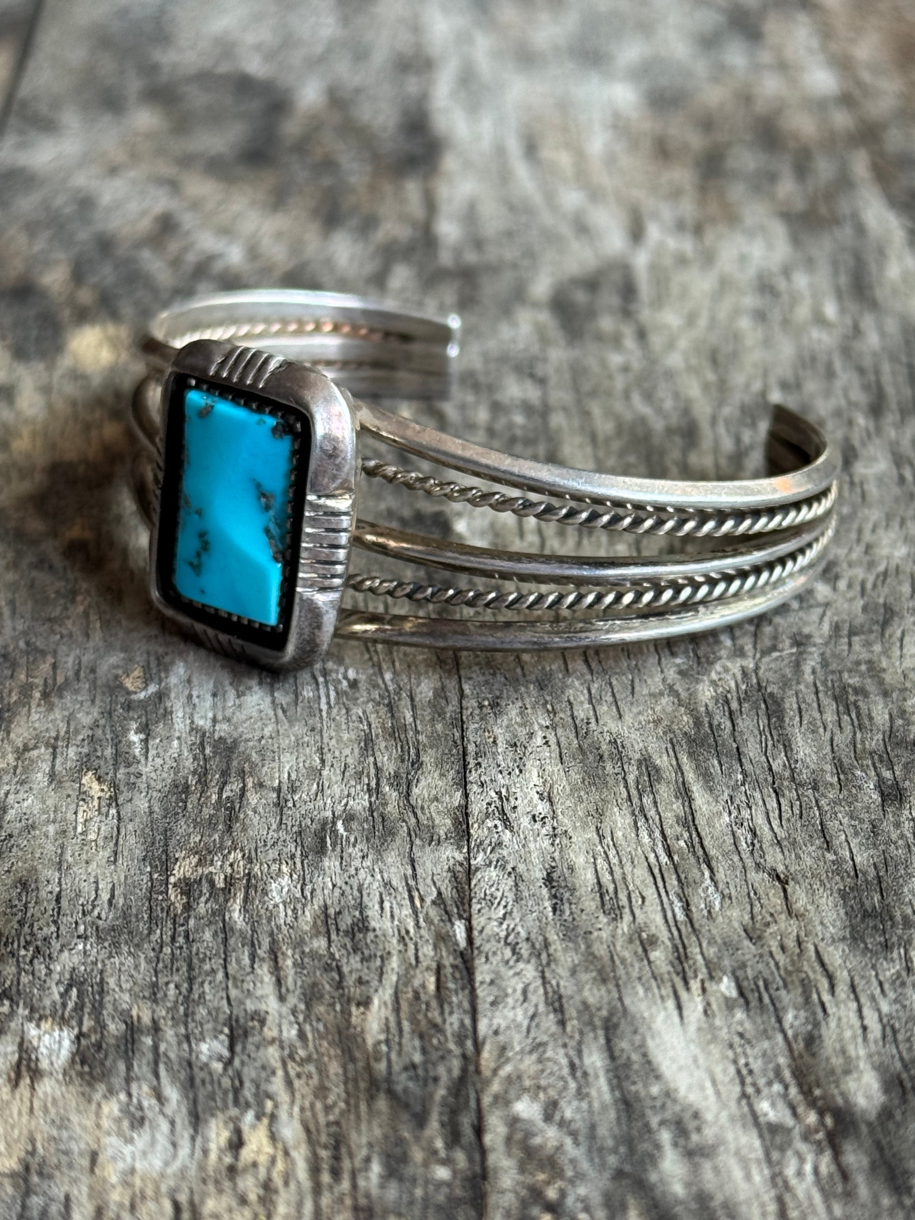 Vintage Sterling Silver Square Turquoise Sawcut Cuff
