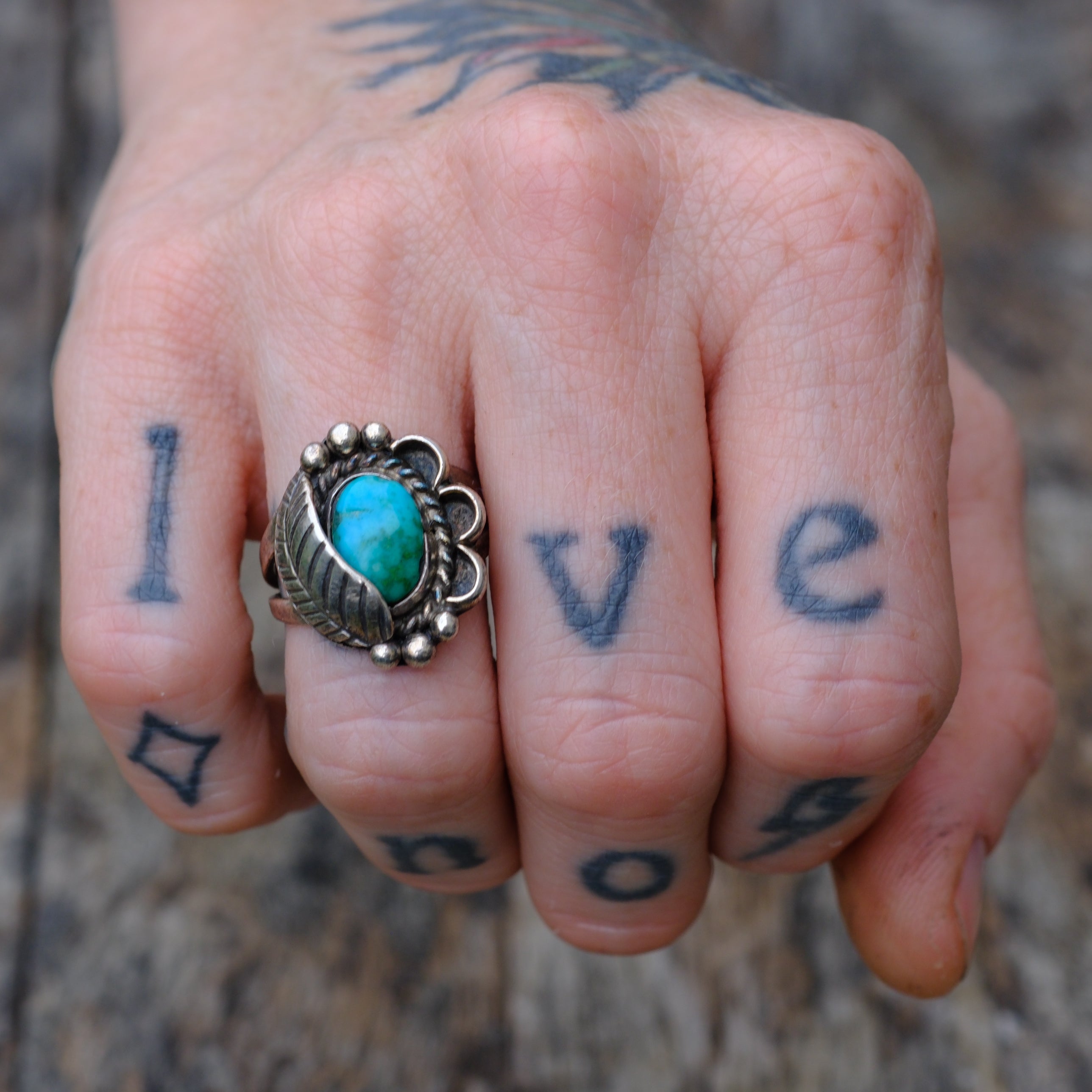 Vintage Sterling Turquoise Feather Ring 7