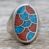 Vintage Sterling Crushed Turquoise and Coral Inlay Ring 9.75