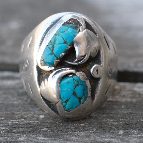 Vintage Sterling 2-Stone Turquoise Feather Ring 10