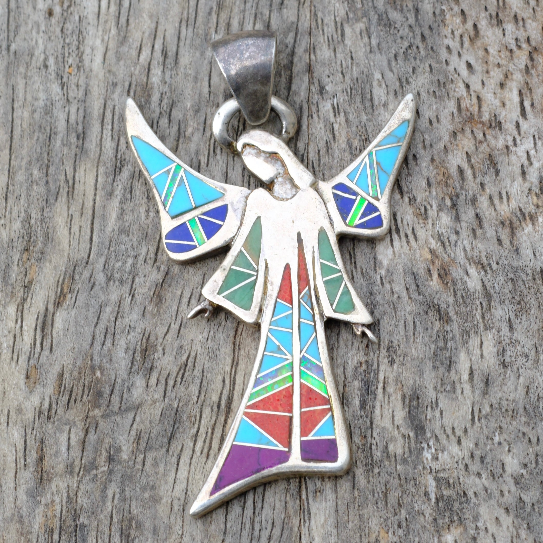 Vintage Sterling Multistone Inlay Angel Pendant