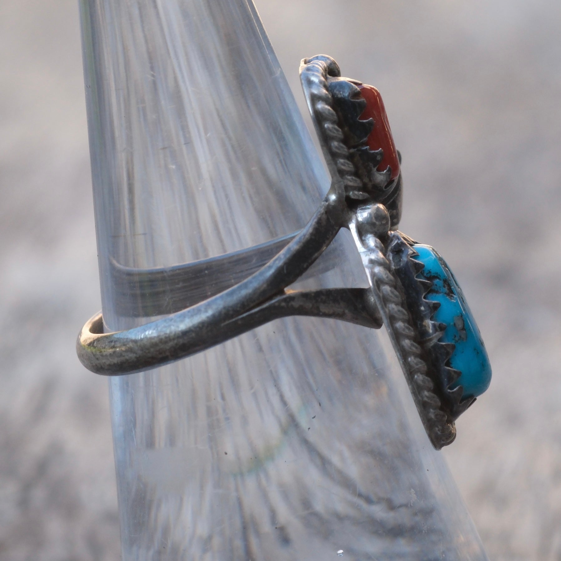 Vintage Sterling Turquoise and Coral Feather Ring 5.75