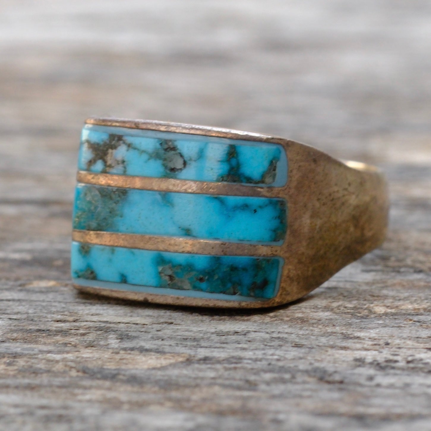 Vintage Sterling Turquoise Inlay Striper Ring 8.75