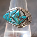 Vintage Sterling Turquoise Inlay Feather Ring 11.75